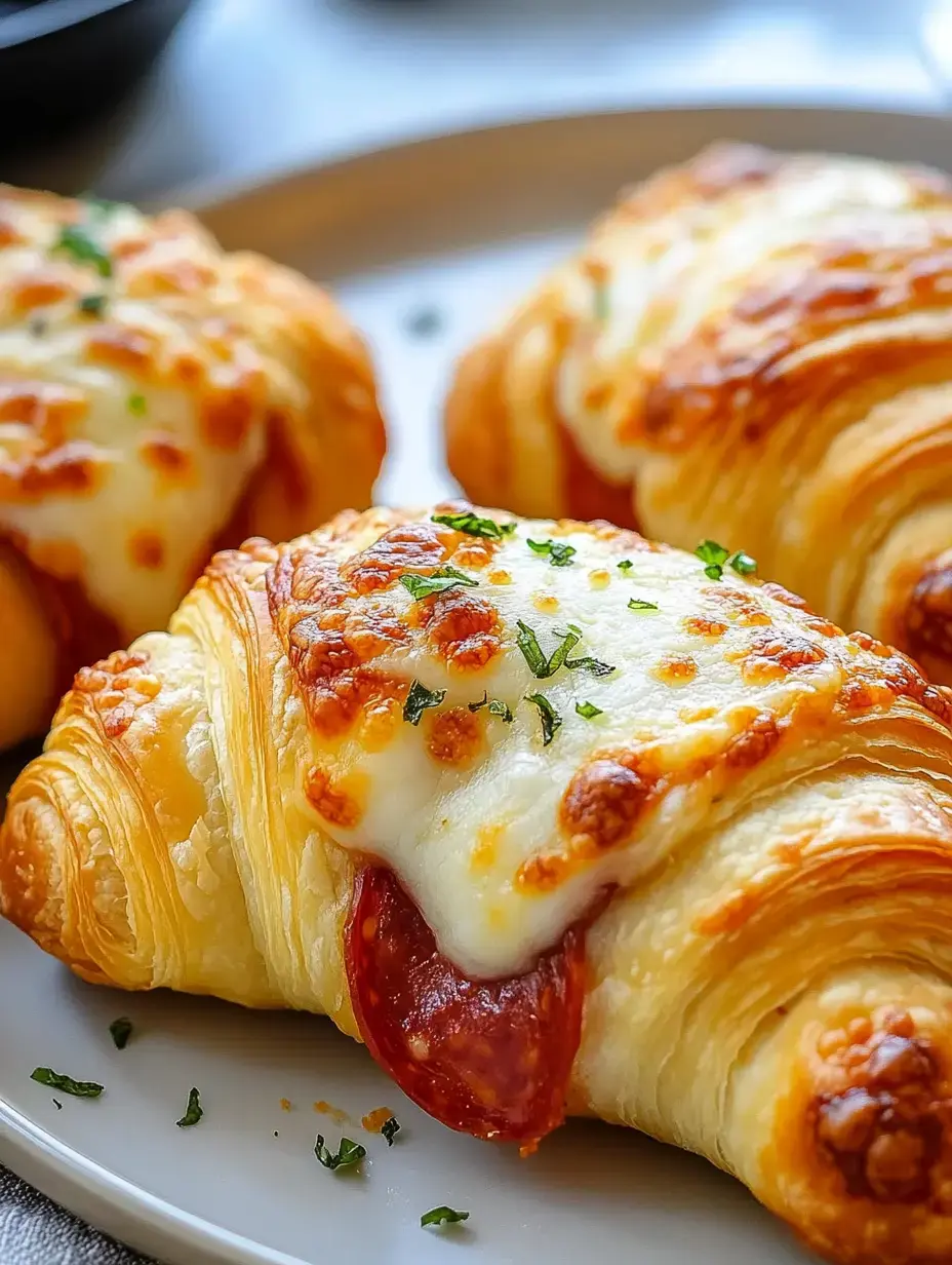 Zoom sur des croissants feuilletés, dorés, couverts de fromage fondu, de rondelles de pepperoni et d’herbes fraîches sur une assiette blanche.