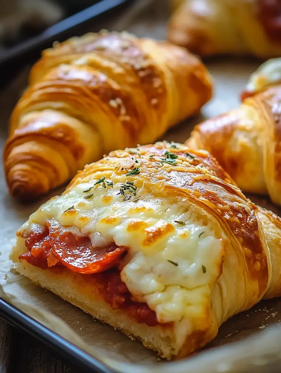 Gros plan sur des croissants feuilletés et dorés, remplis de fromage fondu et de pepperoni, avec un peu d’herbes en déco.
