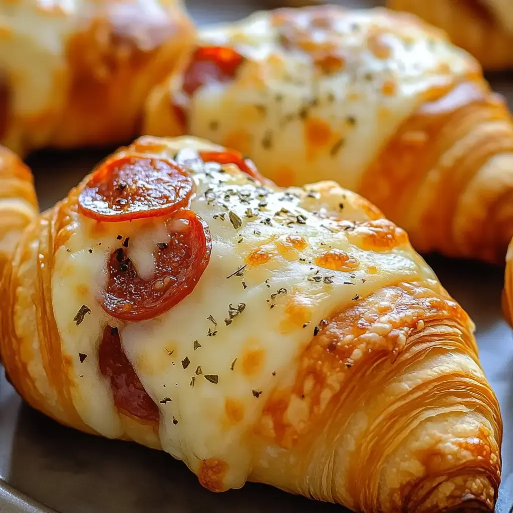 Croissants dorés avec fromage fondu, rondelles de pepperoni et une touche d’herbes.