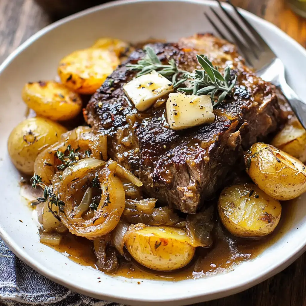 Une assiette de bœuf juteux garni de beurre aux herbes, accompagnée de pommes de terre rôties et d'oignons fondants.
