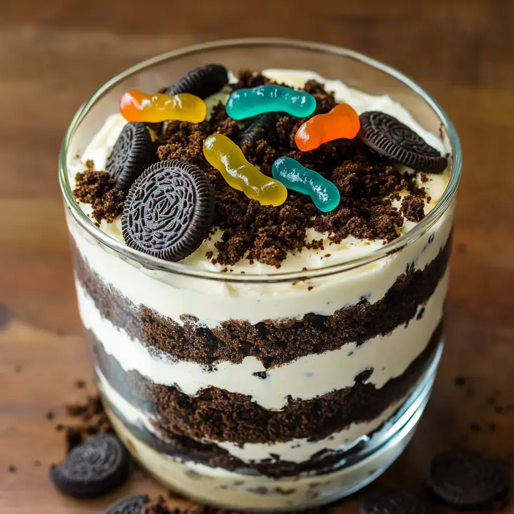 Un dessert en couches dans un verre transparent comprenant des miettes de biscuits chocolatés, une garniture crémeuse, et décoré de bonbons gélifiés colorés.