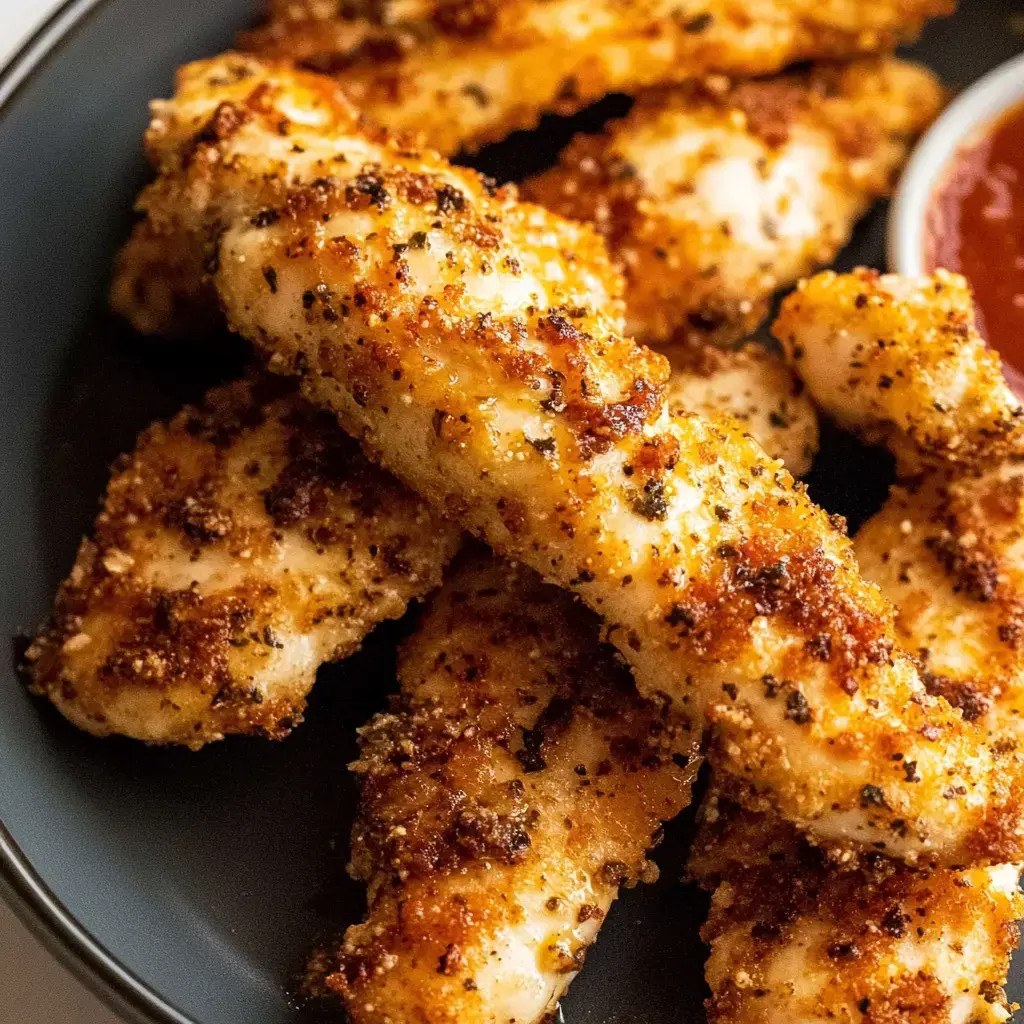 Un gros plan de filets de poulet dorés et croustillants servis sur une assiette avec une sauce en accompagnement.