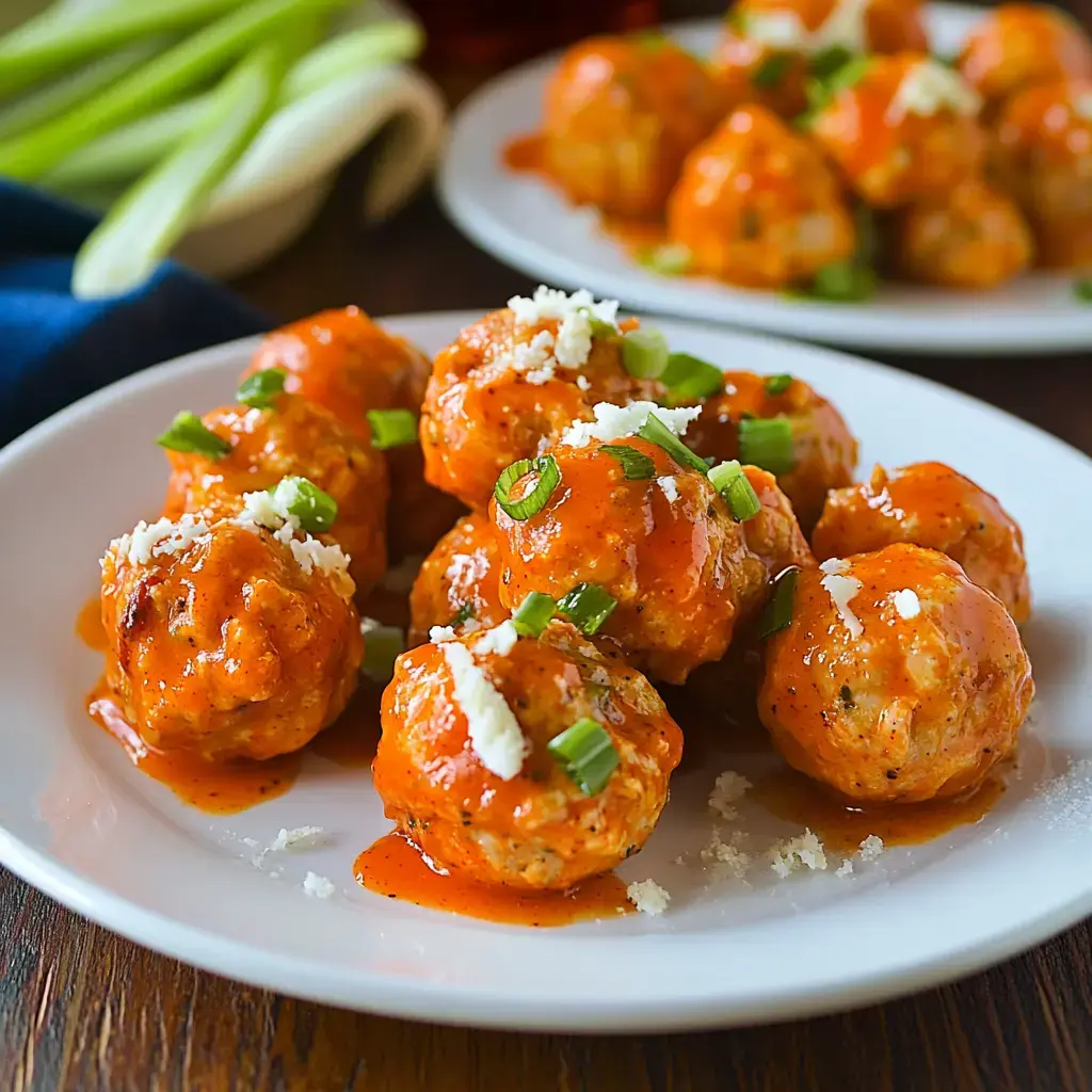 Une assiette de boulettes de poulet recouvertes de sauce piquante, de jeunes oignons et de feta, avec une autre assiette en arrière-plan.