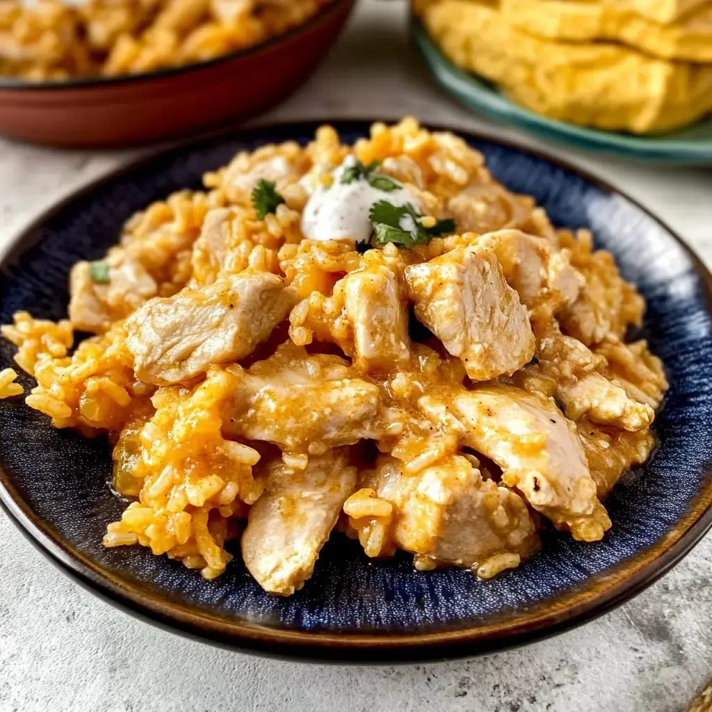 Une assiette de poulet crémeux avec riz, garnie de coriandre et d'une sauce, sur un fond flou d'autres plats.