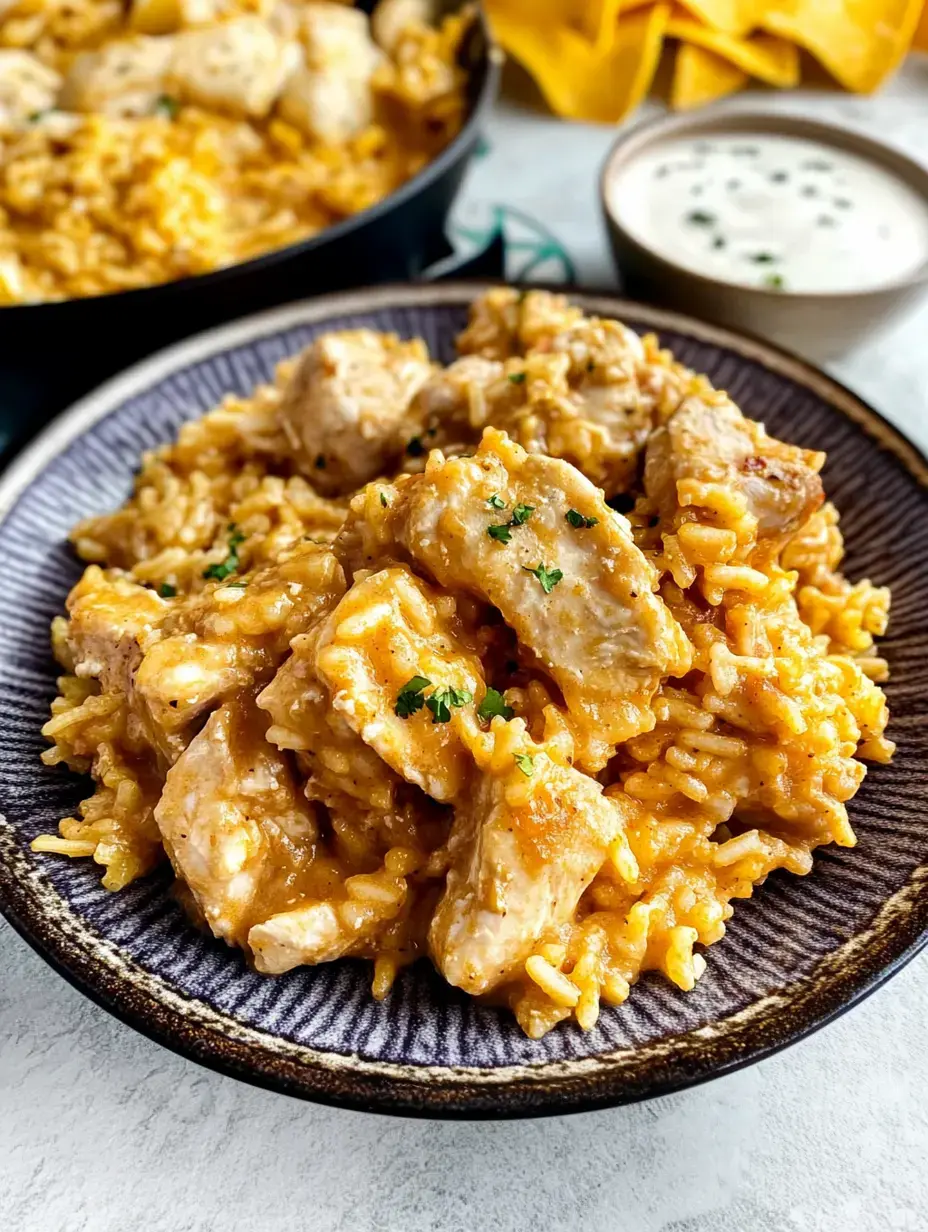 Un bol de poulet crémeux et riz garni de persil, accompagné d'une sauce pour tremper.
