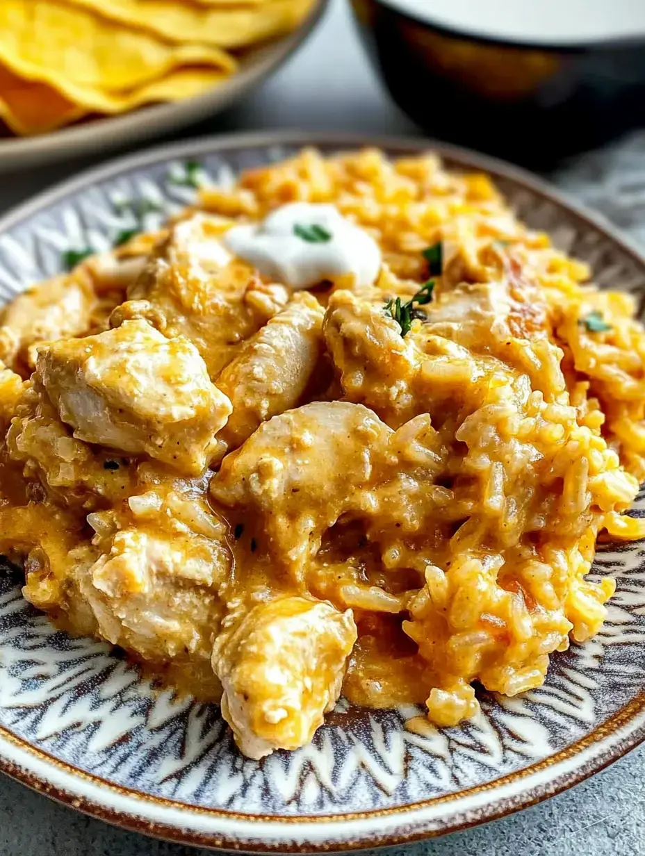 Un gros plan d'une assiette de poulet crémeux et riz, garnie d'une cuillerée de crème fraîche et d'herbes, avec des chips de tortilla en arrière-plan.