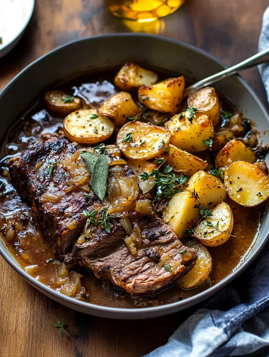 Gros plan sur une pièce de bœuf tendre nappée d’oignons caramélisés et d’herbes, accompagnée de pommes de terre rôties baignées dans une sauce savoureuse.