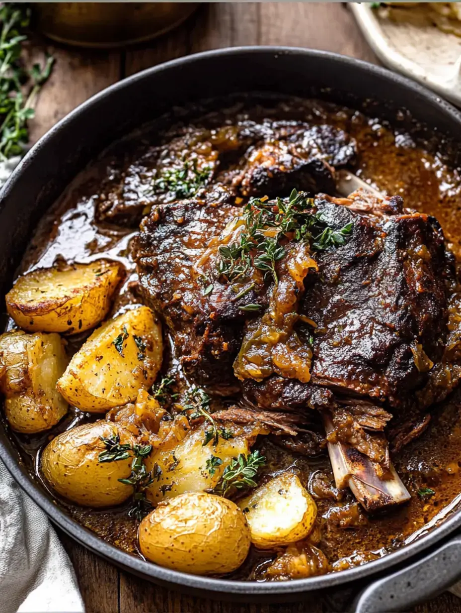 Un plat généreux de bœuf fondant mijoté avec des pommes de terre dorées, le tout décoré d’herbes fraîches dans une sauce gourmande.