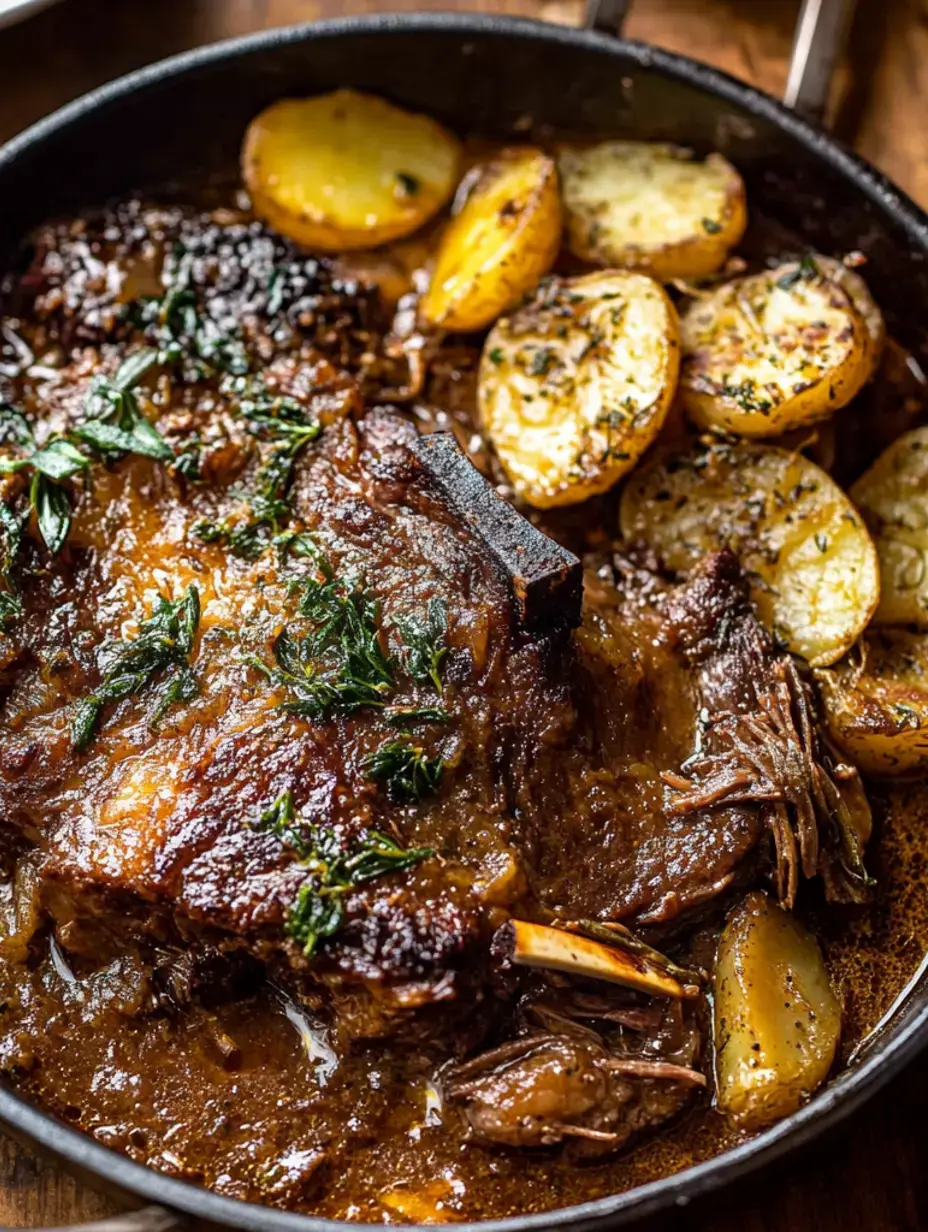 Zoom sur une cocotte en fonte garnie de viande mijotée surmontée d’herbes fraîches, entourée de pommes de terre rôties dorées.