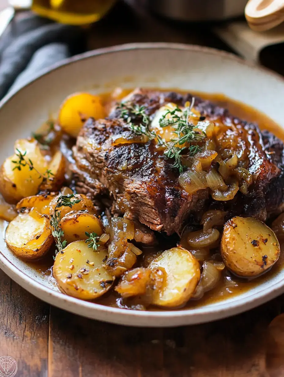 Assiette copieuse : tranche de bœuf fondante avec oignons caramélisés, pommes de terre rôties et une touche de thym frais.
