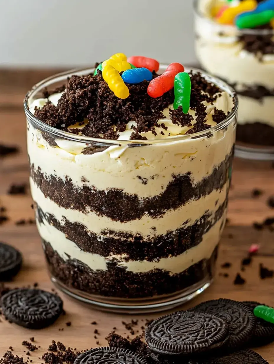 Dessert en couches dans un verre, crème et Oreos, surmonté de bonbons colorés, posé sur du bois avec des Oreos autour.