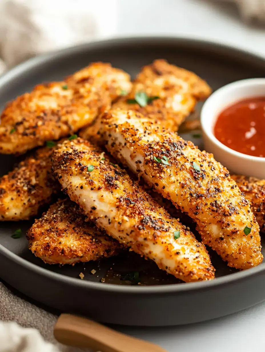 Une assiette d'aiguillettes de poulet dorées et croustillantes, parsemées d’herbes et servies avec une coupelle de sauce.