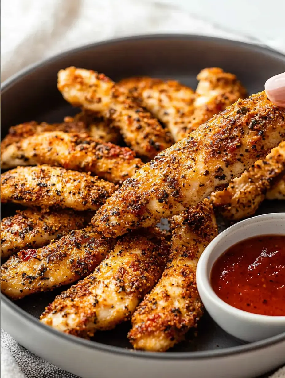 Une assiette d’aiguillettes de poulet panées croustillantes, servies avec une coupelle de sauce.