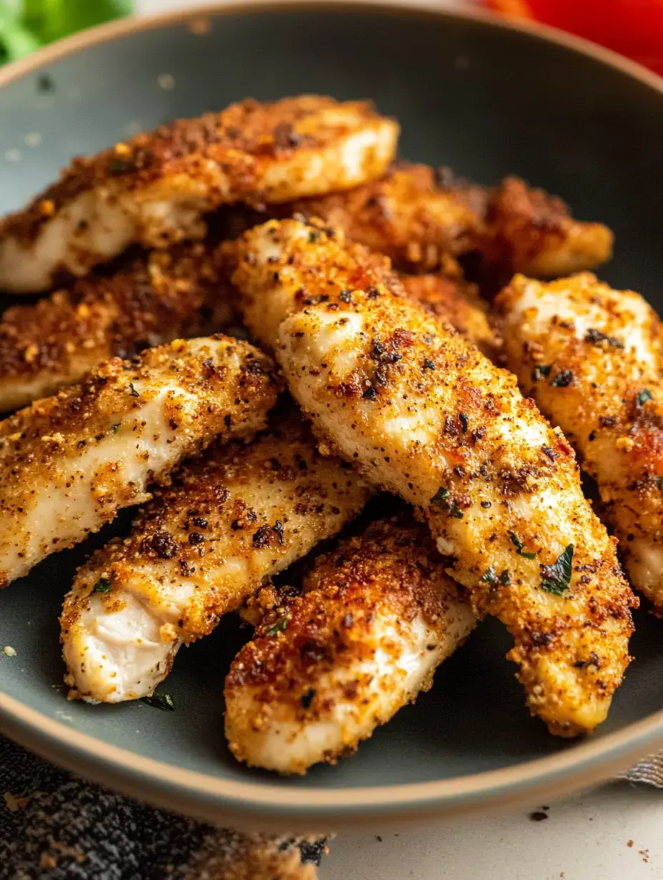 Gros plan sur des aiguillettes de poulet dorées, croustillantes et bien rangées sur une assiette foncée.