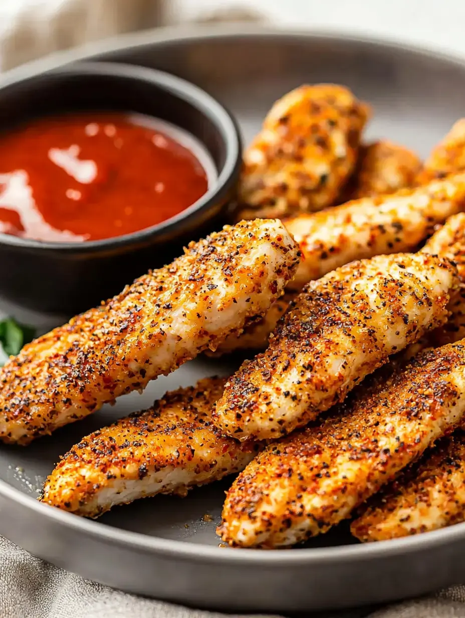 Assiette d’aiguillettes de poulet bien dorées et assaisonnées, servies avec une sauce en accompagnement.
