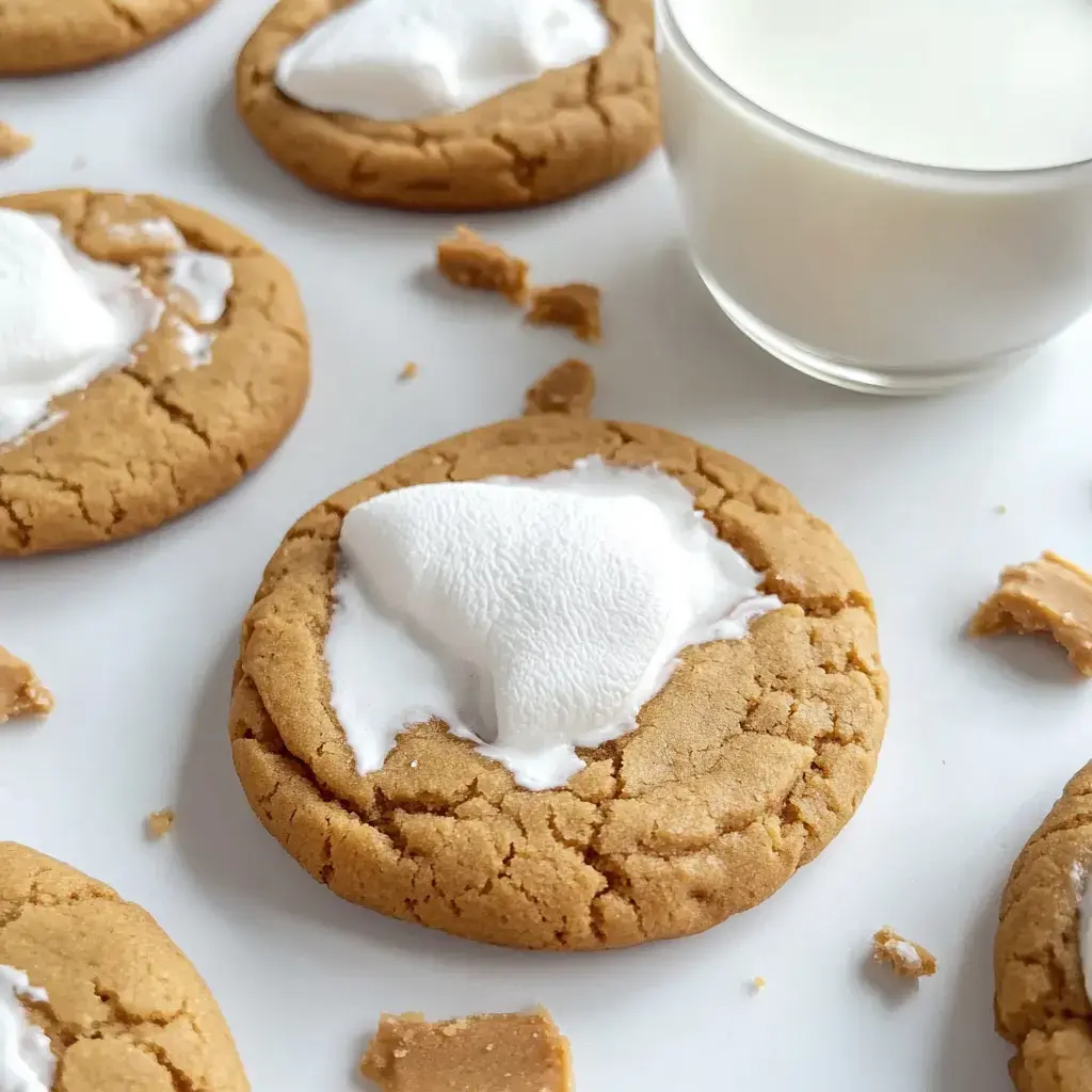 Gros plan sur des biscuits au beurre de cacahuète couverts de guimauve, avec un verre de lait à côté.