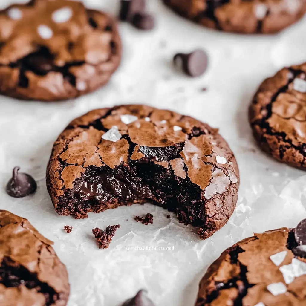 Un biscuit chocolat avec une bouchée montrant un centre fondant, entouré d'autres biscuits et de pépites de chocolat.
