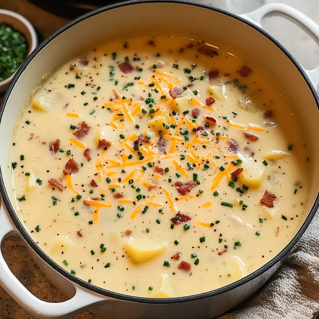 Une soupe aux pommes de terre crémeuse surmontée de bacon en morceaux, de fromage râpé et de ciboulette, dans une marmite blanche.