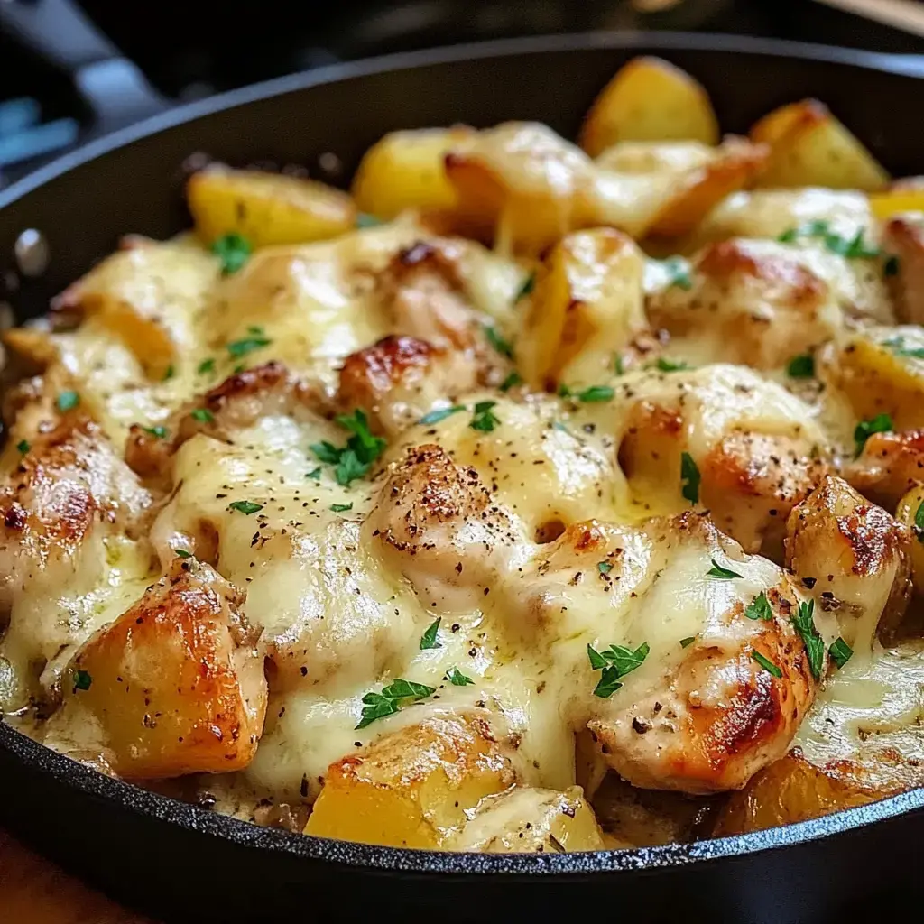 Une poêle en fonte remplie de poulet et pommes de terre dorées recouverts de fromage fondu et parsemés de persil frais.