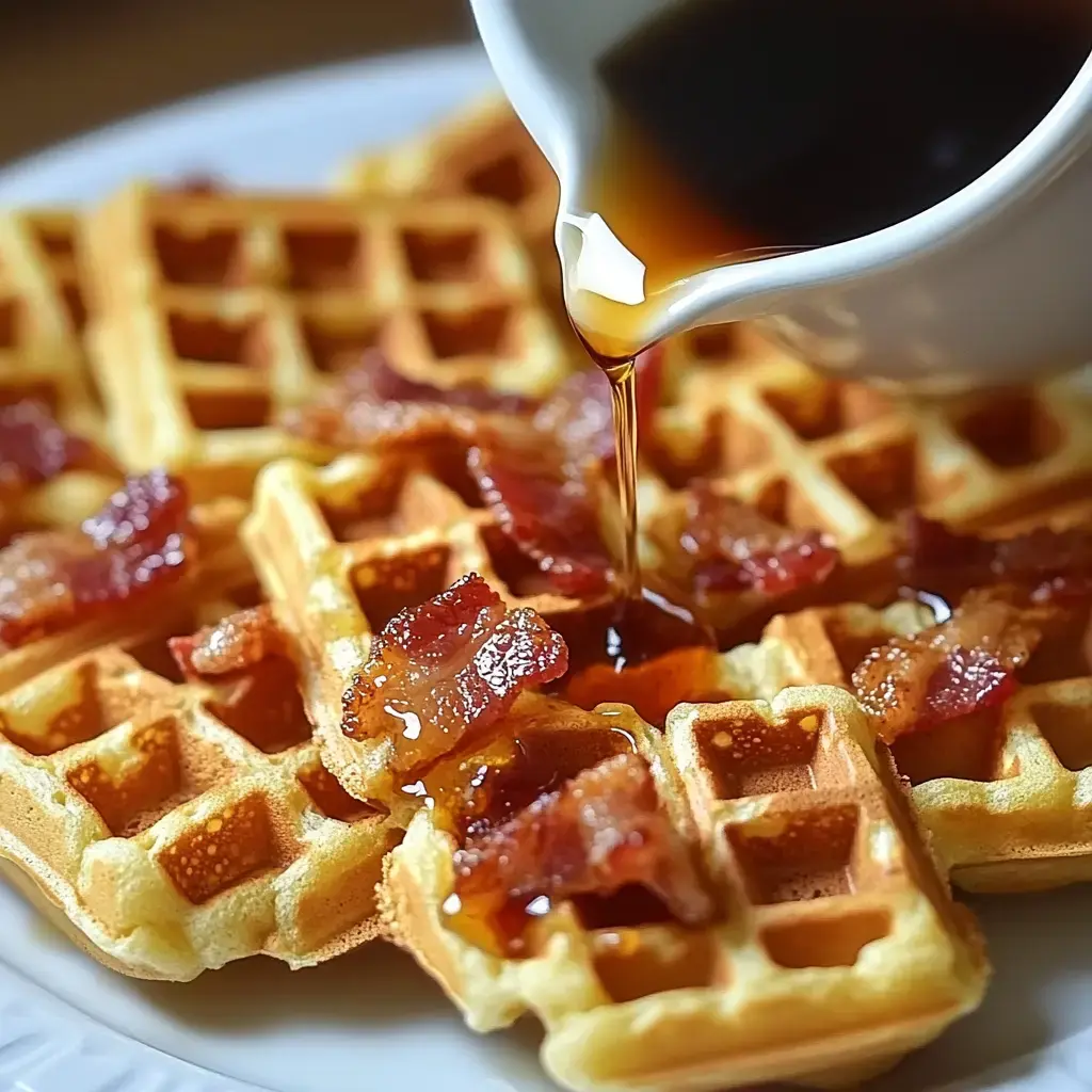 Des gaufres servies avec du bacon croustillant et arrosées de sirop.
