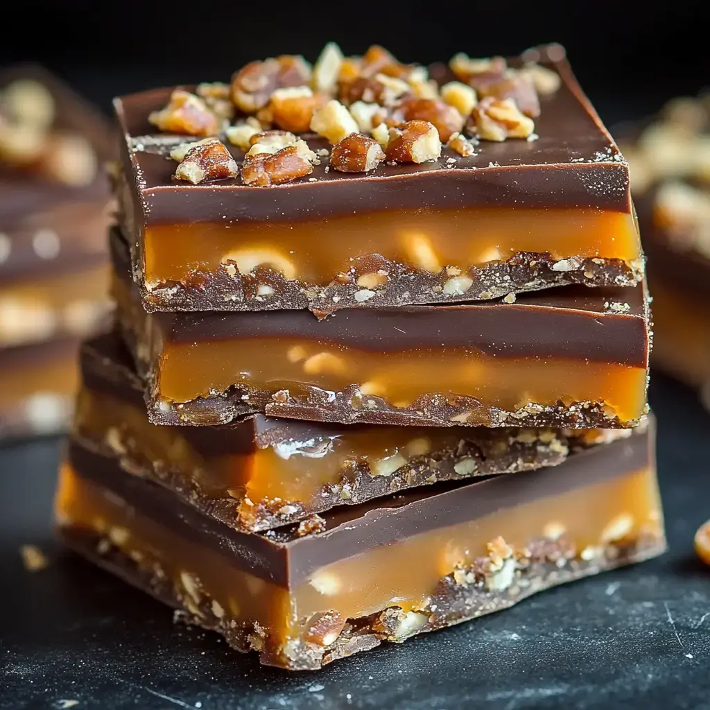 Un gros plan sur des douceurs chocolatées et caramel, garnies d'éclats croquants.