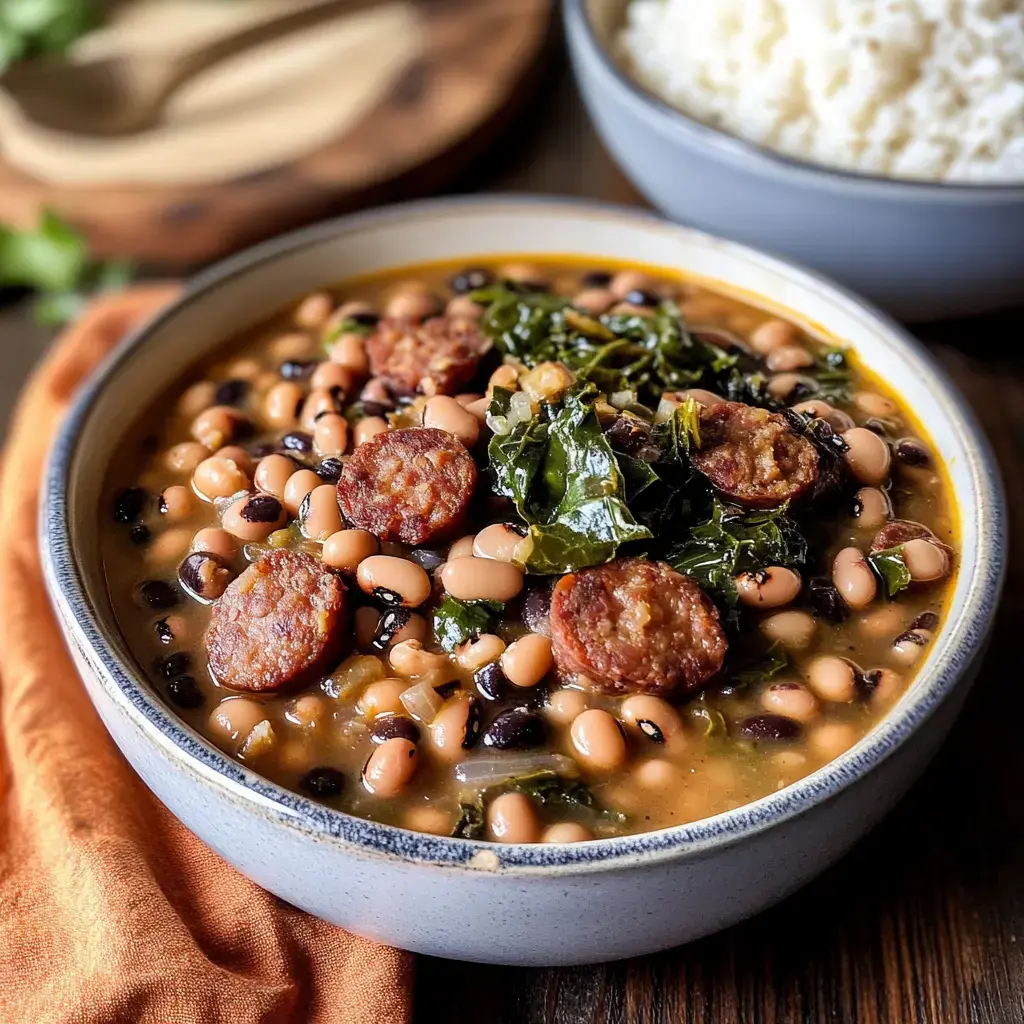 Un bol de soupe riche avec des haricots noirs, des haricots clairs, des tranches de saucisson et des légumes verts, accompagné d'un bol de riz blanc.