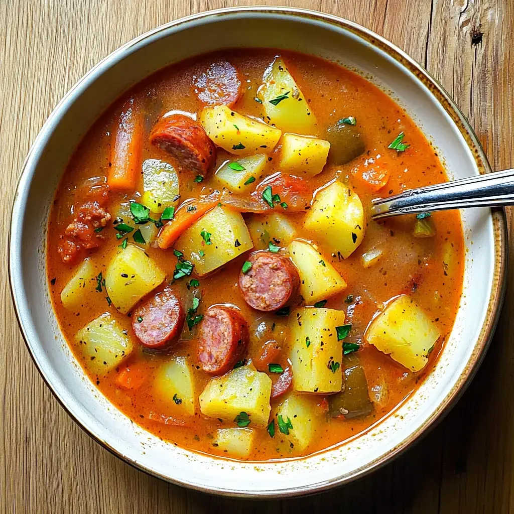 Un bol de soupe savoureuse aux pommes de terre et au chorizo avec quelques légumes colorés. Garniture de persil frais au-dessus.