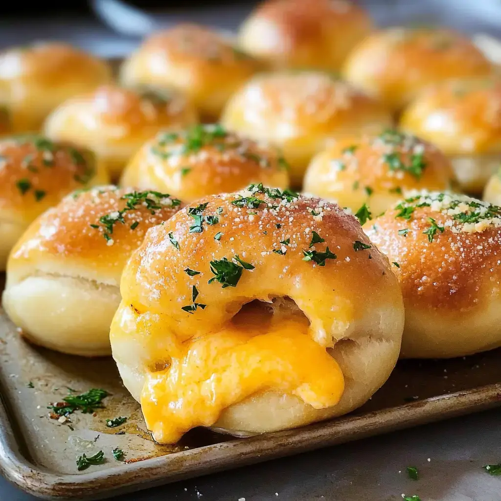 Un plateau de rouleaux dorés et farcis, garnis de persil avec un fromage fondant qui s'échappe d'un rouleau.