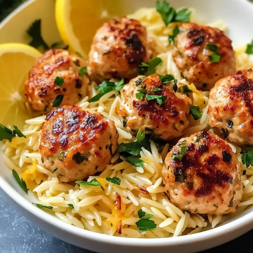 Un bol de pâtes orzo garni de boulettes dorées, décoré de persil et de quartiers de citron.