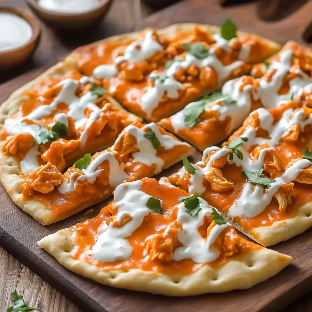 Une planche en bois présente des morceaux de pain plat garnis de sauce orange, de poulet effiloché et d'une sauce blanche, le tout parsemé de coriandre.