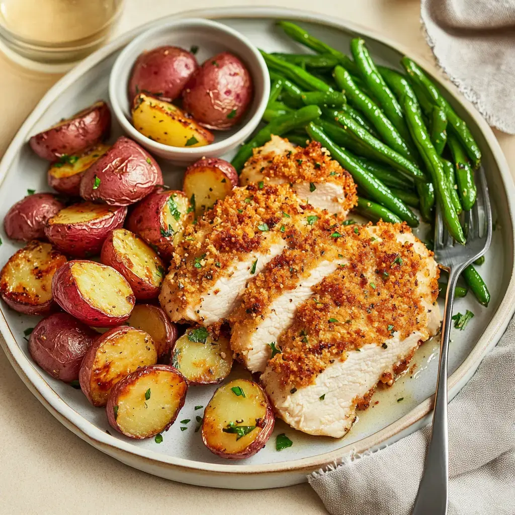 Une assiette avec des tranches de poulet croustillant, pommes de terre rôties et haricots verts.