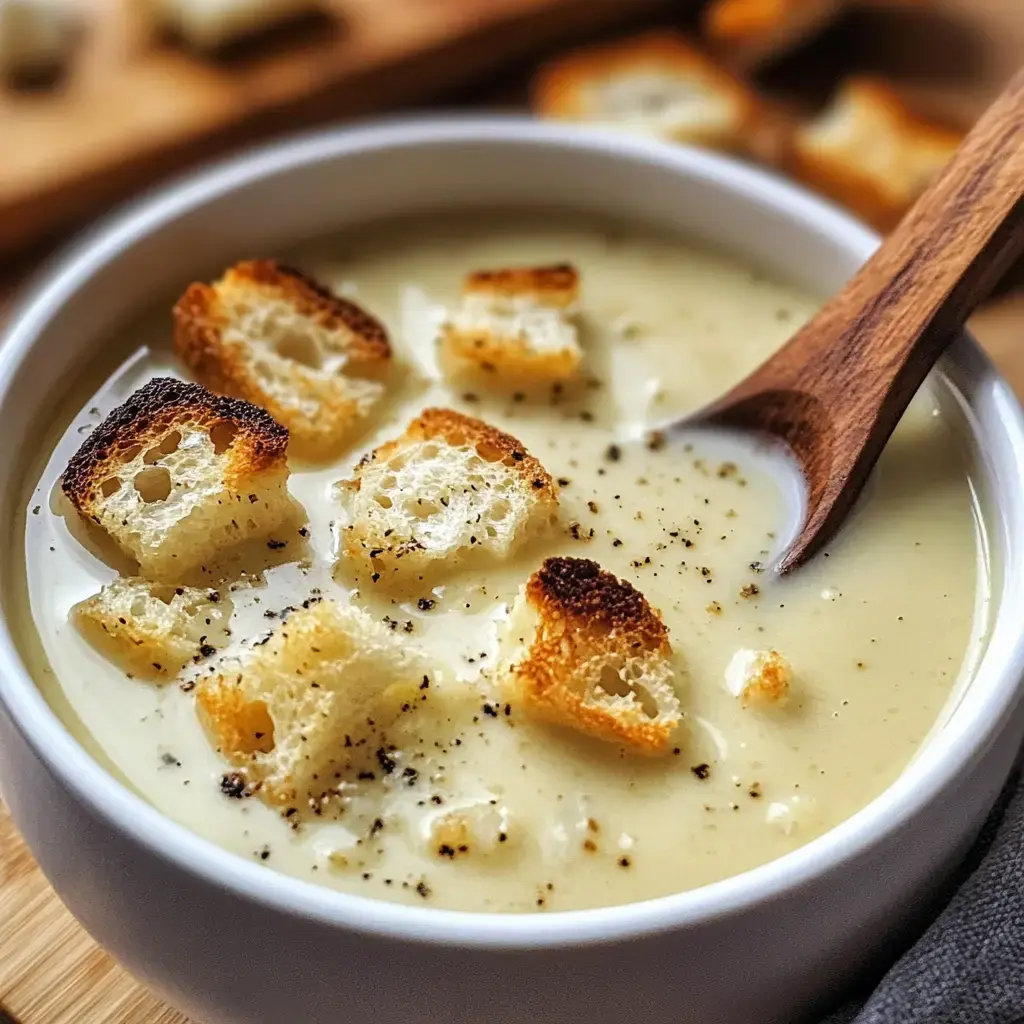 Un bol de soupe crémeuse garni de croûtons grillés avec une cuillère en bois à côté.