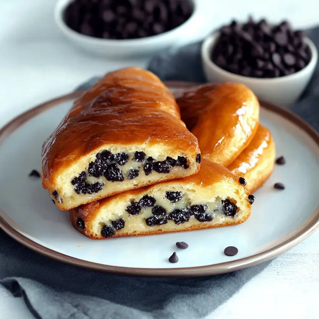 Un gros plan sur des brioches brillantes garnies de pépites de chocolat sur une assiette, avec des pépites de chocolat à l'arrière-plan.