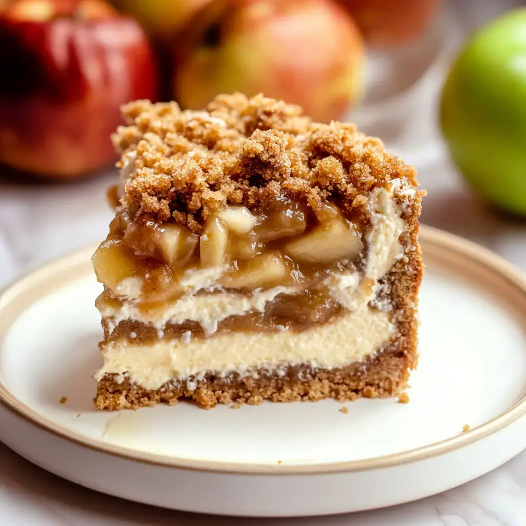 Une part de cheesecake aux pommes avec son crumble croquant, servie sur une assiette avec des pommes en arrière-plan.