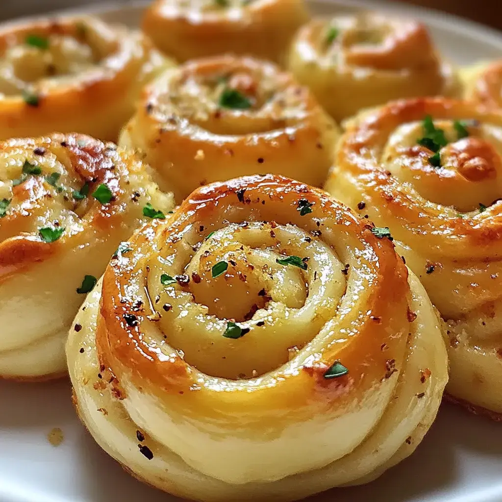 Un gros plan de roulés dorés et en spirale, décorés d'herbes, disposés sur une assiette blanche.