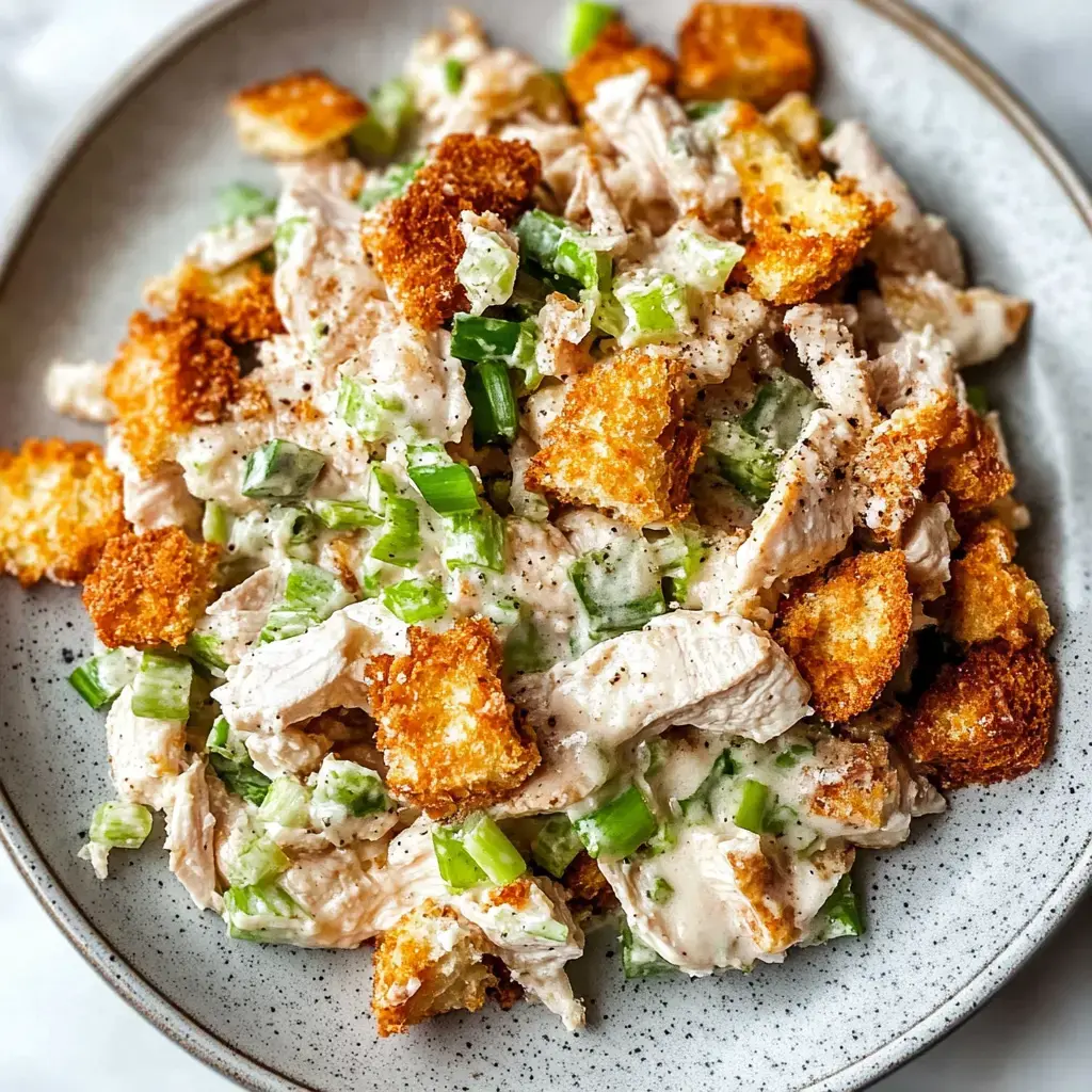 Une assiette de pommes éclatées et dorées avec des oignons verts et une sauce crémeuse, garnie de croûtons croquants.