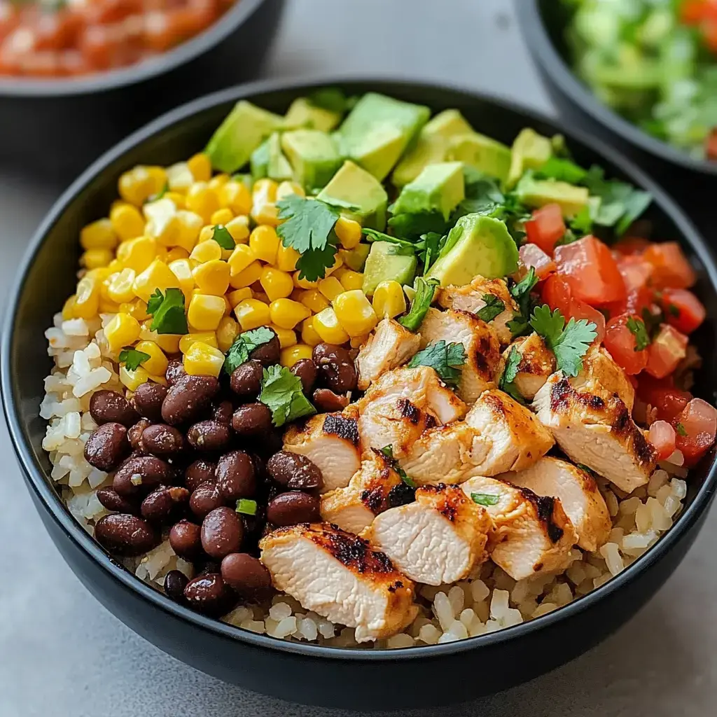 Un bowl coloré avec du poulet grillé, haricots noirs, maïs, tomates en dés, avocat, et coriandre sur un lit de riz.