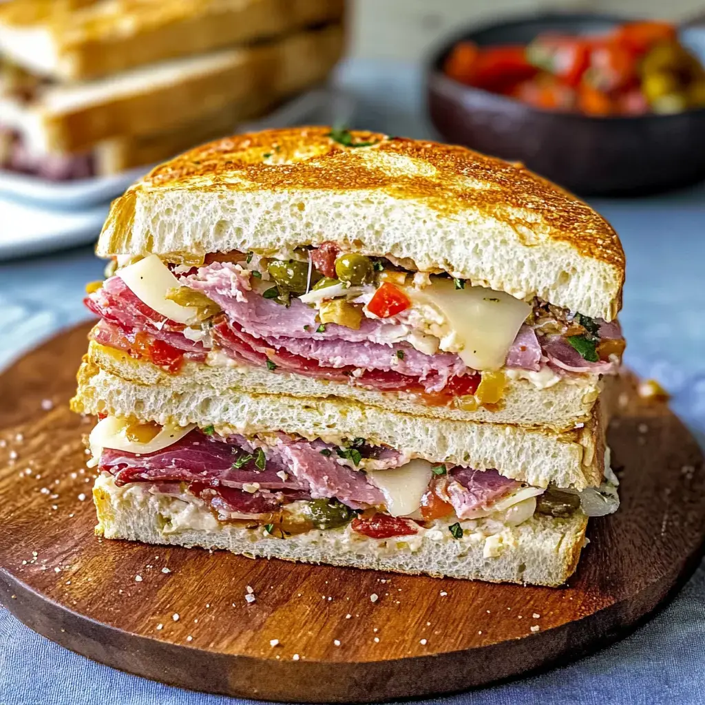 Un sandwich généreux empilé de couches de charcuterie, fromage et légumes, présenté sur une planche en bois.