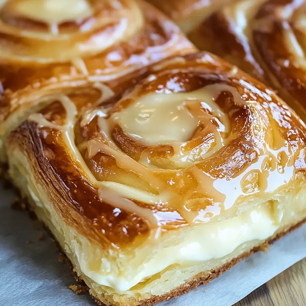 Gros plan sur un danish joliment glacé avec une garniture crémeuse, posé sur un papier sulfurisé.