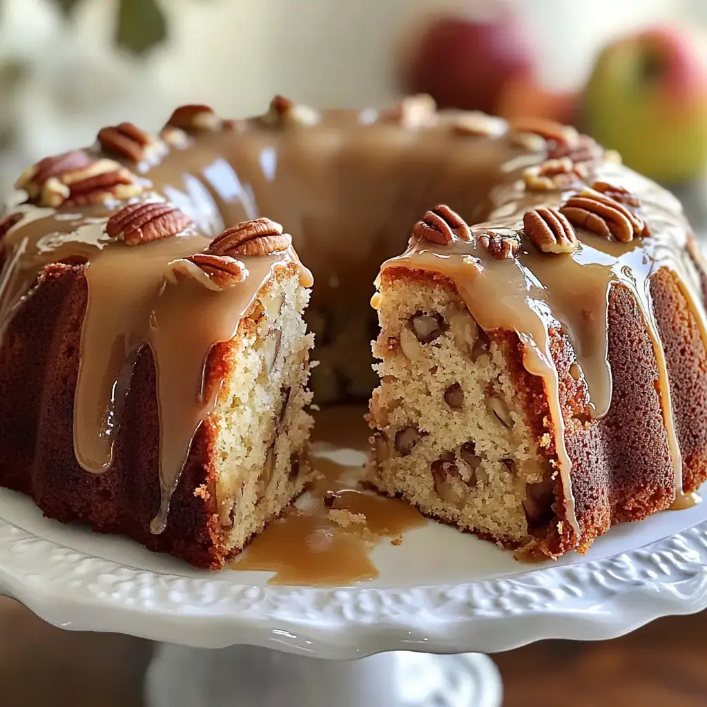 Un gâteau bundt fraîchement préparé, nappé de glaçage caramel et de noix, avec une tranche découpée révélant un intérieur aux noix.