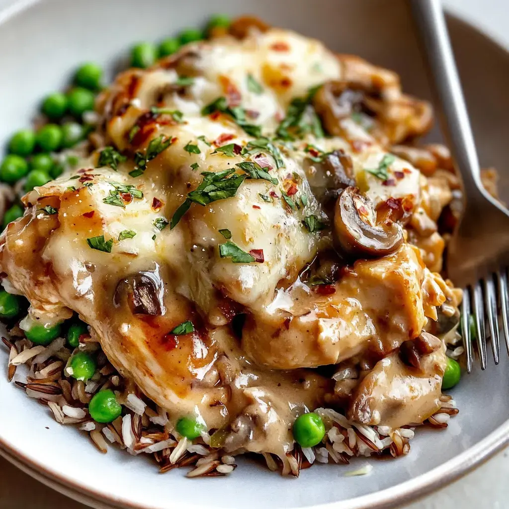 Une assiette de poulet recouvert de fromage fondu et d'une sauce crémeuse aux champignons, servie sur du riz et des petits pois verts, décorée d’herbes et de flocons de piment rouge.