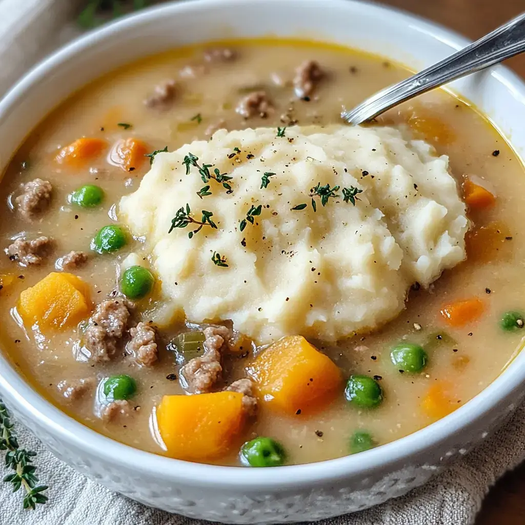 Un bol de soupe généreuse avec de la viande hachée, des légumes en dés et une belle cuillerée de purée de pommes de terre crémeuse garnie d'herbes.