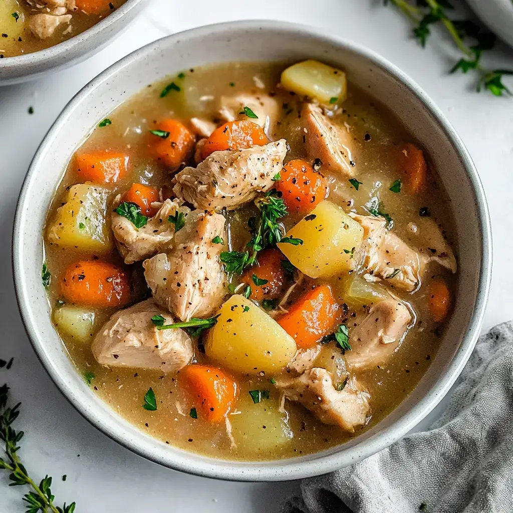 Un bol de soupe au poulet généreuse avec des morceaux de poulet, carottes, pommes de terre et herbes dans un bouillon savoureux.