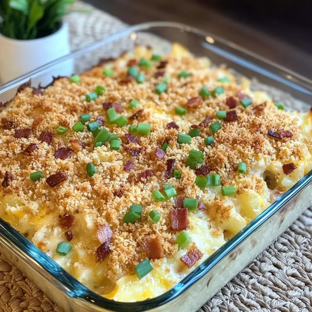 Un plat en verre rempli de gratin de macaronis recouvert de chapelure croustillante, de morceaux de bacon et de ciboulette. Il repose sur un napperon à côté d’une petite plante en pot.