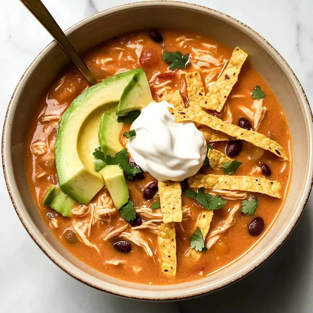 Un bol de soupe crémeuse garni de poulet émincé, tranches d'avocat, chips tortilla, crème fraîche et coriandre.