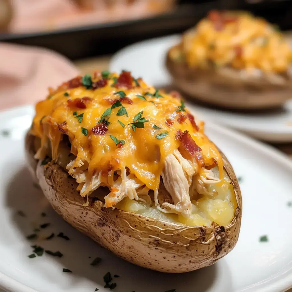 Une pomme de terre au four garnie de poulet, cheddar fondu, morceaux de bacon croustillants et persil frais.