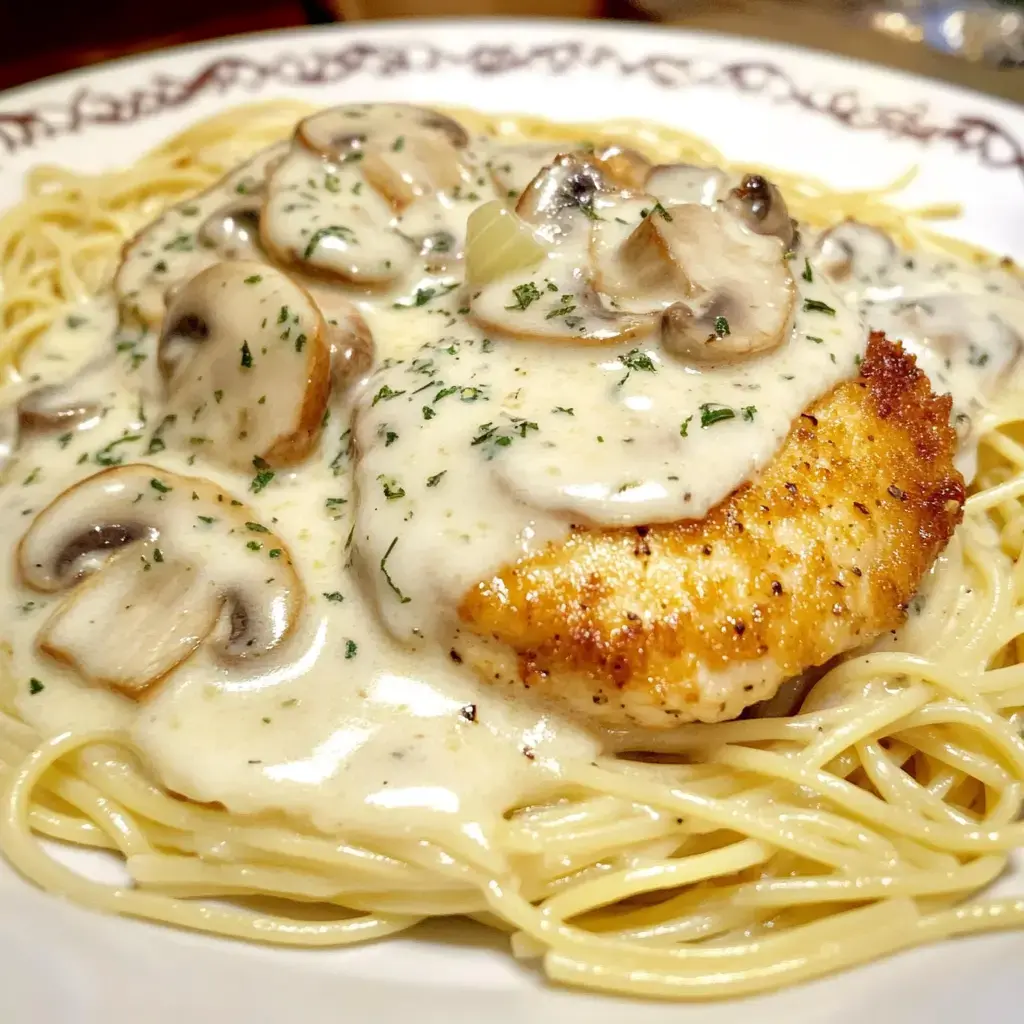 Une assiette de pâtes nappée de sauce crémeuse aux champignons et un morceau de poulet croustillant.