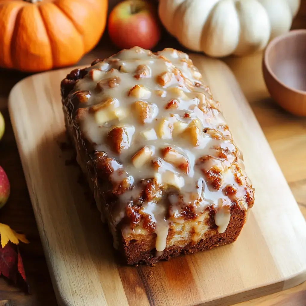 Un pain aux pommes glacé présenté sur une planche en bois, entouré de citrouilles et de pommes.