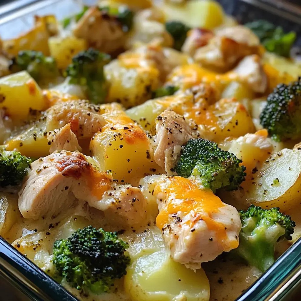 Un plan rapproché d'un plat gratiné avec morceaux de poulet, brocoli et pommes de terre en dés, le tout couvert de fromage fondu et de poivre noir.