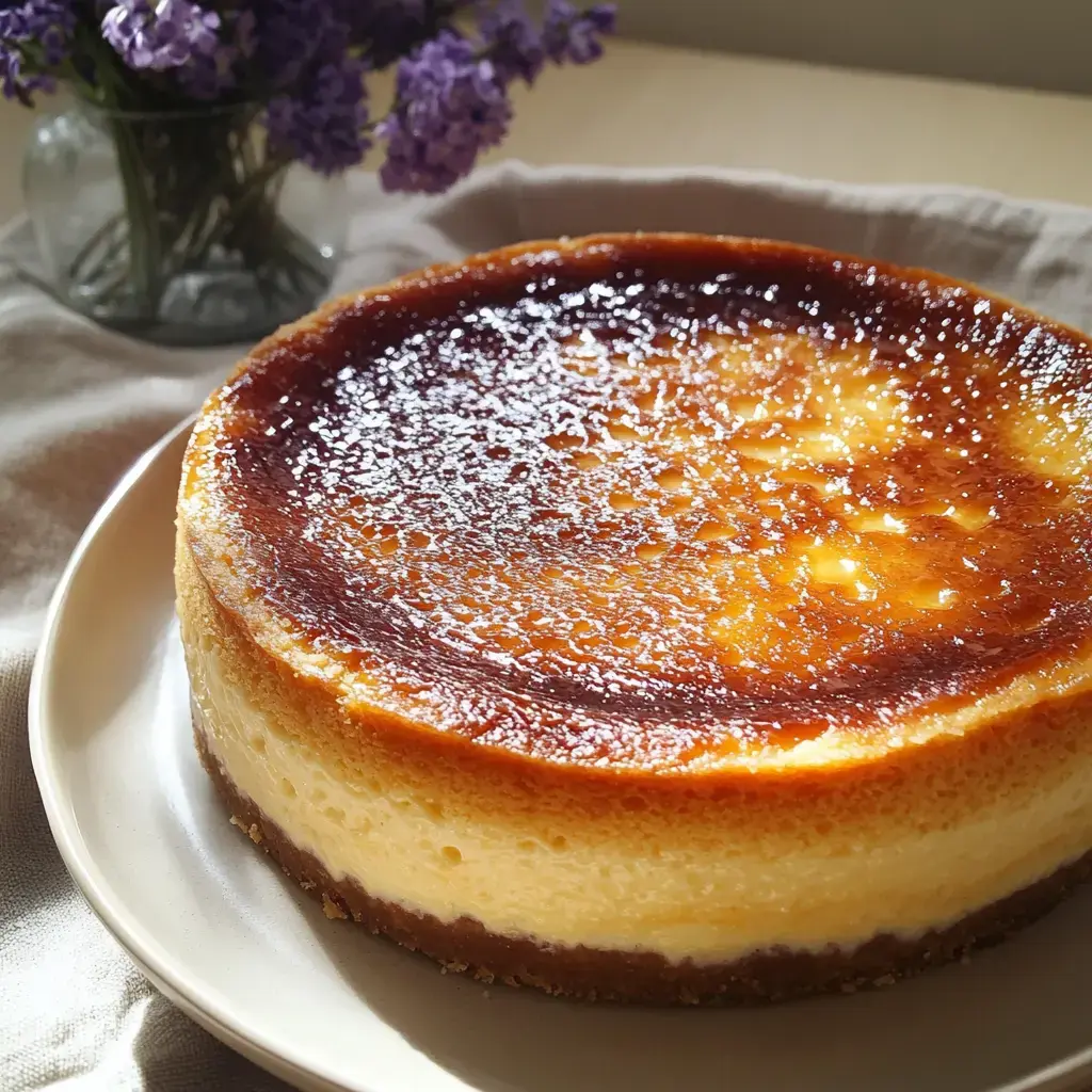 Un cheesecake magnifiquement doré, saupoudré de sucre glace, présenté sur une assiette à côté d'un bouquet de fleurs violettes.
